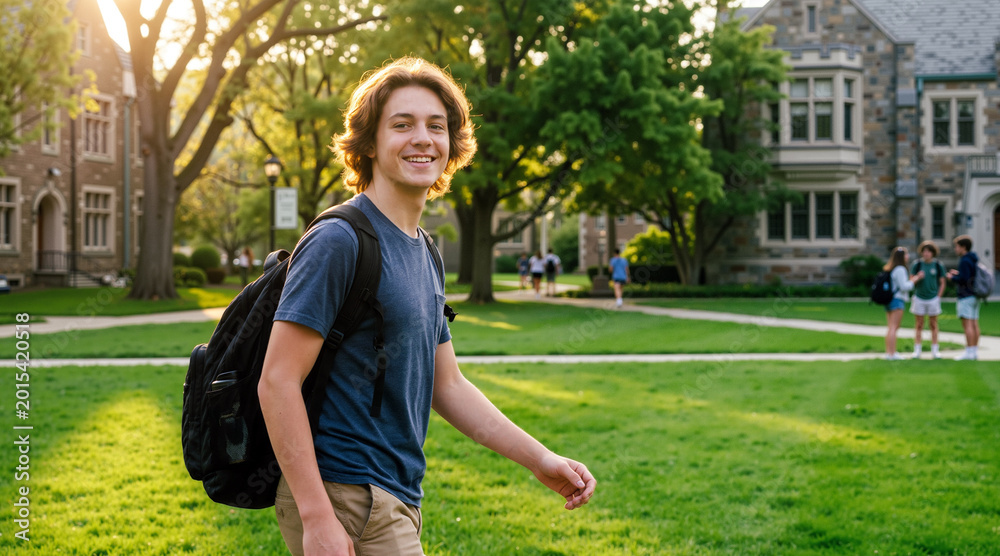 Fototapeta premium A happy male student with a backpack walking across a lush green university campus during sunset, feeling excited about his first day of college and higher education studies.