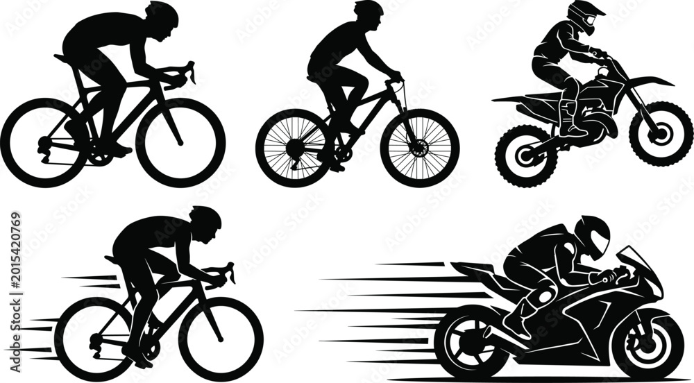 Obraz premium Cycling and Motorcycle Racing Silhouette Icon Set with Road Bike Rider Motocross and Sport Motorbike Speed Action Collection