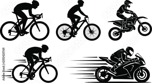 Konstfotografi Cycling and Motorcycle Racing Silhouette Icon Set with Road Bike Rider Motocross