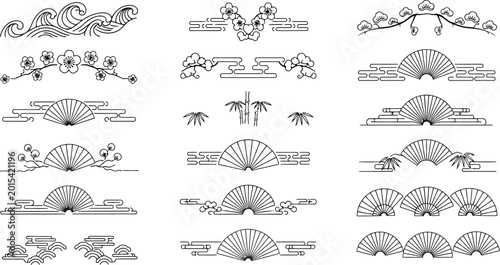 Set of traditional japanese decorative elements, asian style dividers and borders with fans, flowers, bamboo and clouds, vector illustration