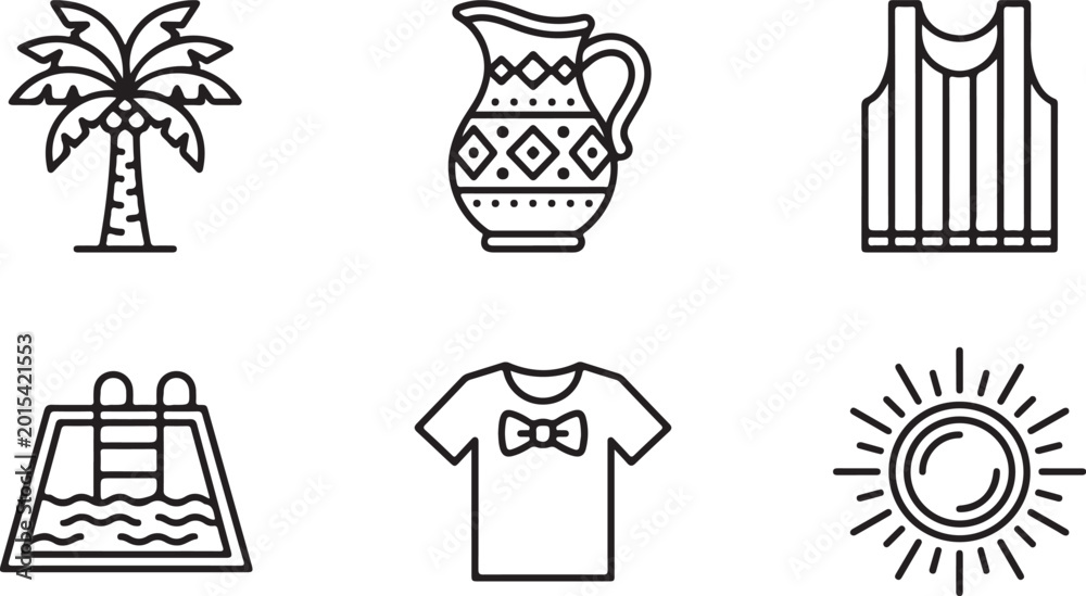Naklejka premium Set of summer icons featuring palm tree jug clothing pool and sun in simple black line art style