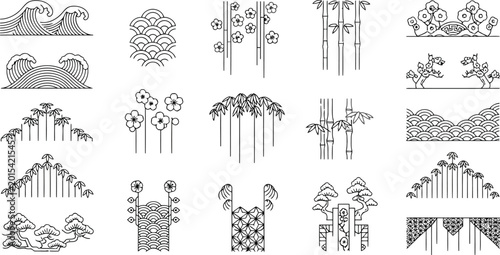 Set of traditional japanese patterns and elements, including waves, bamboo, plum blossoms, and pine trees, isolated on white background