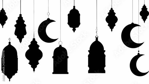 Islamic Eid Decorative Elements, Black Silhouettes, Hanging Ornaments, Moon and Lantern Shapes isolated on White Background vector eps silhouette