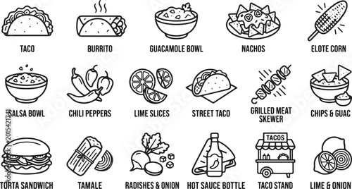 Fotografie Mexican food icons and ingredients set