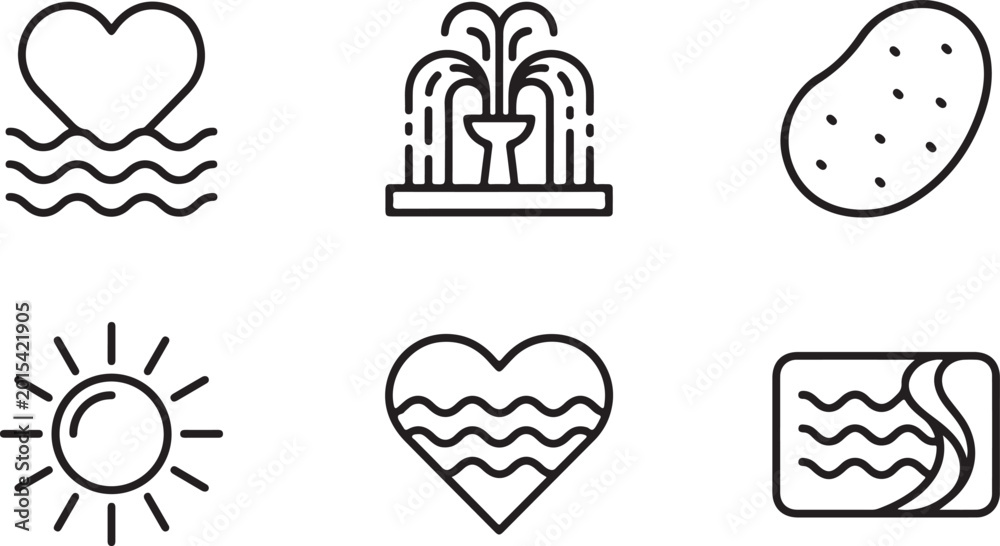 Fototapeta premium Set of black line icons featuring heart shapes, water fountain, potato, sun, and abstract patterns