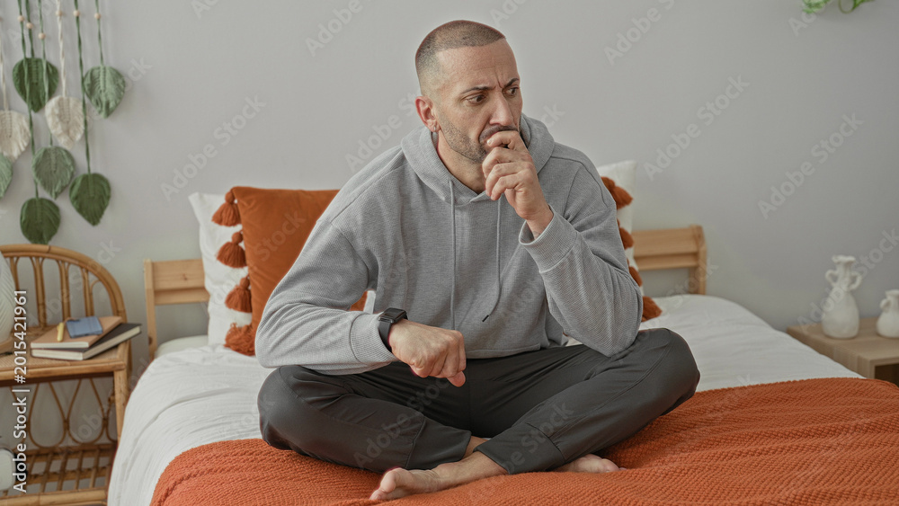 Fototapeta premium Man holds wrist and checks watch while seated crosslegged on bed beside nightstand and plant in a studio; concern.