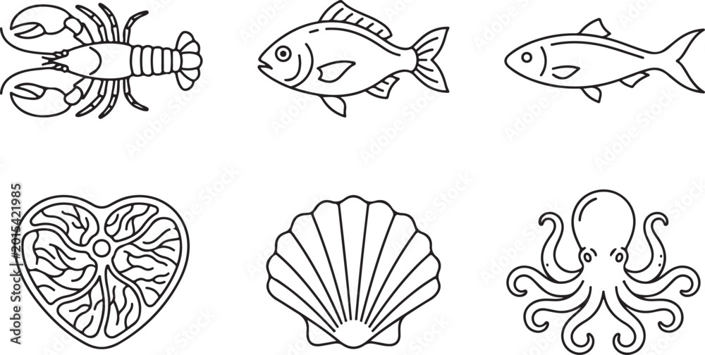 Fototapeta premium Set of black and white line art icons featuring seafood and ocean animals