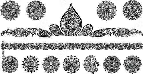 Set of traditional indian henna tattoo elements, mandalas, paisley patterns, and decorative borders isolated on white background