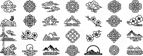 Set of traditional korean patterns and symbols, including mountains, clouds, flowers, and geometric knots, vector illustration