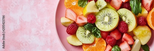 Fresh fruit salad overhead kiwi strawberry mandarin raspberry peach and mint on pink plate
