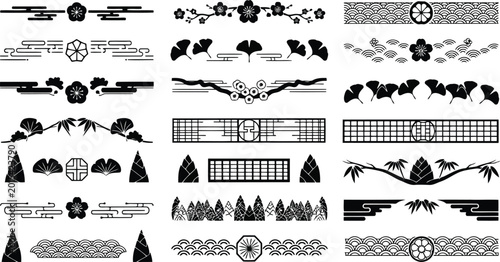 Set of traditional japanese decorative borders and dividers with floral and geometric patterns isolated on white background