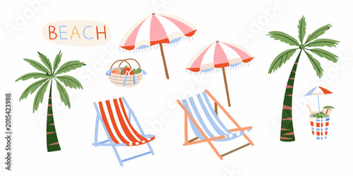 Fotografie Beach elements illustration with chairs umbrellas and palm trees