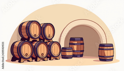 Richly Textured Cooperage Barrels Stacked Neatly in a Dimly Lit Cellar, Exuding Organic Charm and Rustic Warmth