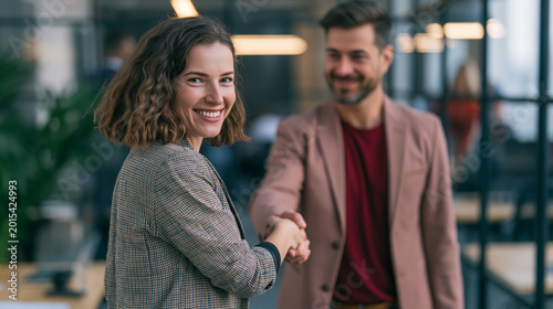 Handshake of happy young businesswoman and businessman at office