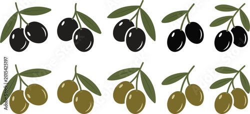 Olive branch icons set with black and green olives on stems with leaves, Mediterranean food symbols in silhouette and flat vector style, oil labels packaging and botanical design elements