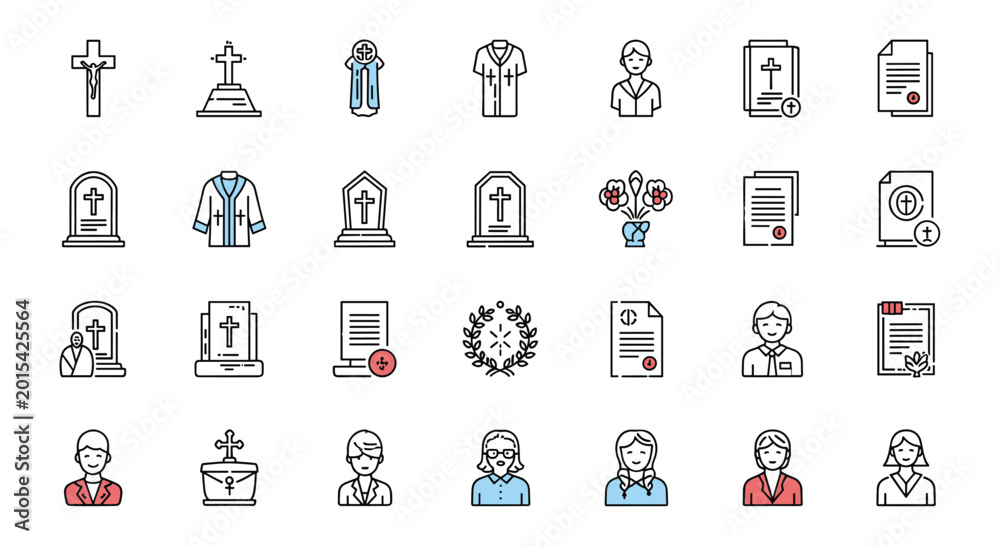 Fototapeta premium Collection of funeral and memorial service icons featuring gravestones, religious symbols, mourning clothes, and memorial flowers.
