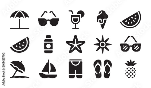 Foto Summer vacation icons set for beach travel and outdoor leisure activities