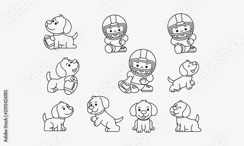 A cute and funny coloring page of an American Football Boy Playing with a Dog. Provides hours of coloring fun for children vector illustration