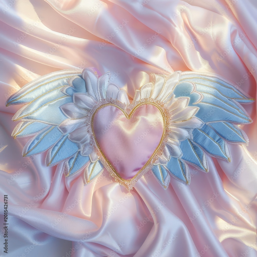 Fototapeta premium Heart-shaped accessory with angel wings rests on soft pink satin fabric, showcasing pastel colors and detailed stitching, suitable for various themed occasions