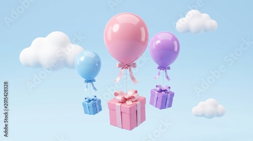 3d render of colorful balloons lifting gift boxes against a blue sky with clouds