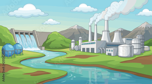 Tableau sur toile Industrial Power Plant and Hydroelectric Dam Vector Illustration Featuring Green
