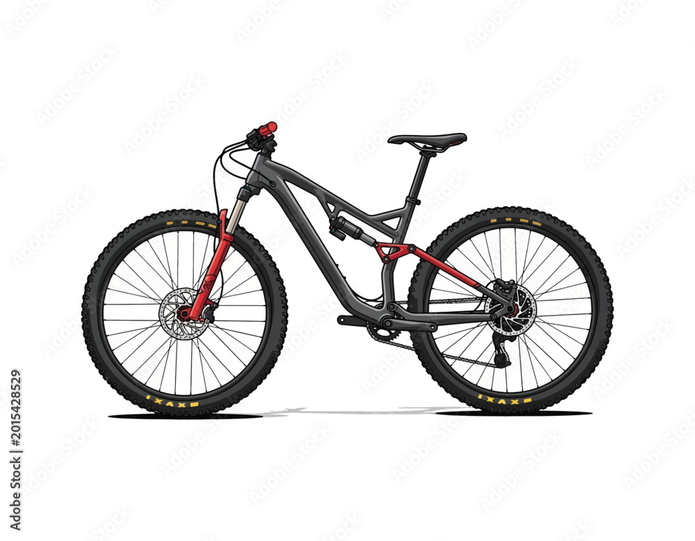 Obraz premium Modern full suspension mountain bicycle, designed for off-road adventures, featuring a robust frame and advanced suspension system for optimal performance on challenging terrains
