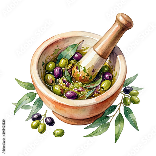 Olive oil preparation with mortar and pestle featuring fresh herbs and olives,isolated on transparent background