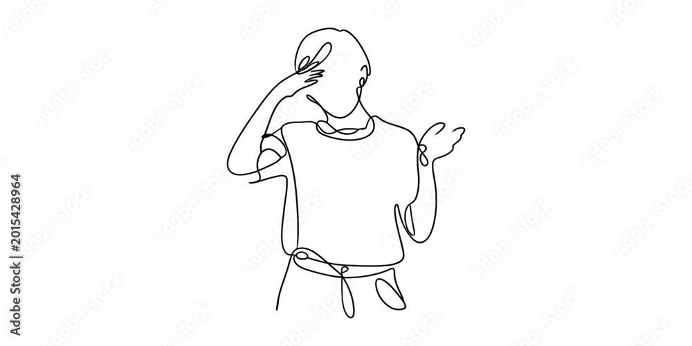 Obraz premium Single line drawing of a person with hand on forehead, looking confused or stressed, with one arm extended Vector, illustration