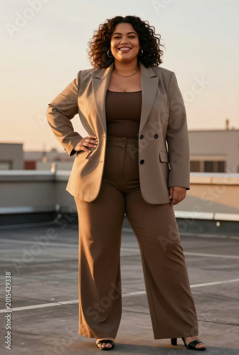Confident plus size woman in stylish casual outfit at golden hour rooftop