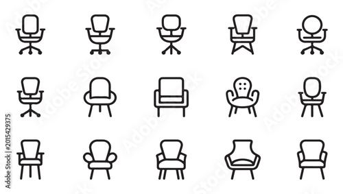Foto Collection of modern office chairs and armchairs, minimalist line art icons