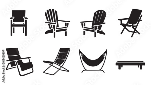 Foto Outdoor furniture icons, deck chairs Adirondack chairs hammock and bench