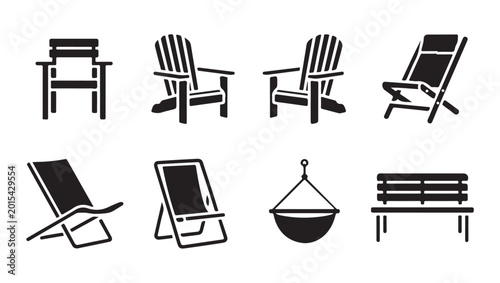 Photos Outdoor seating collection, various chairs and bench, black and white vector icons