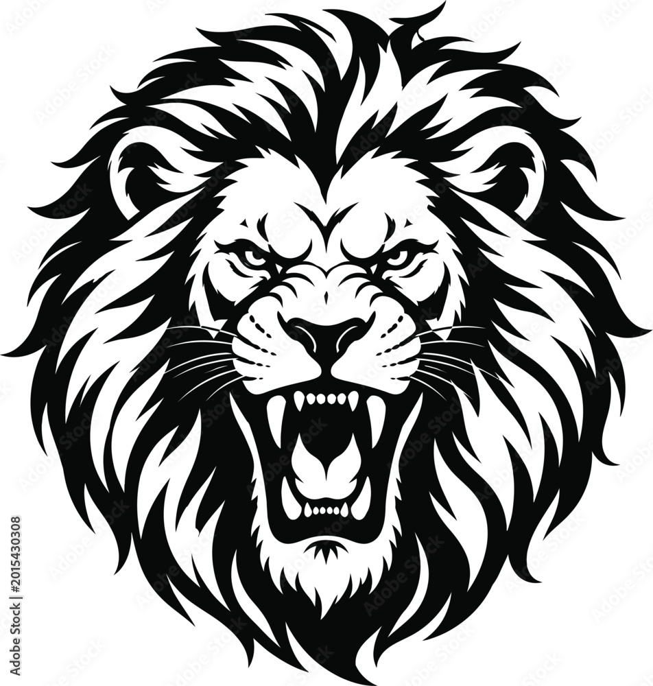 Fototapeta premium Aggressive roaring lion head vector illustration, powerful lion king face silhouette, majestic predator mascot for branding.