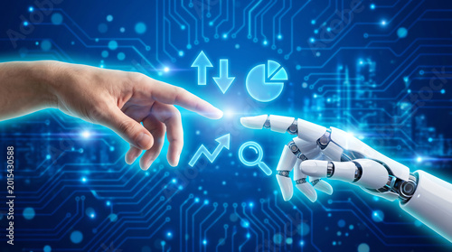 Conceptual financial risk modeling AI scene with human hand and robotic hand reaching across glowing blue circuit board background