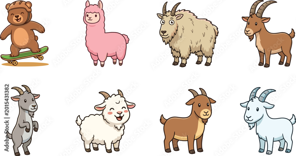 Naklejka premium Cute Cartoon Farm and Wild Animal Character Set Including Bear, Alpaca, and Goats in Colorful Vector Illustration