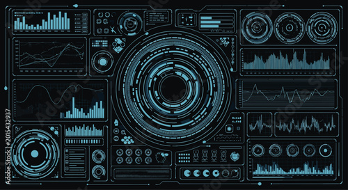 Futuristic digital interface head up display with glowing blue circular graphics and complex data charts over a dark background.