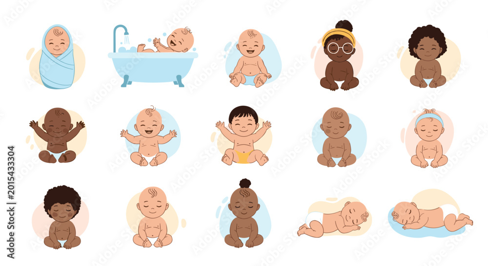 Fototapeta premium Large set of diverse baby characters in various poses including sleeping bathing crawling and sitting with happy facial expressions.