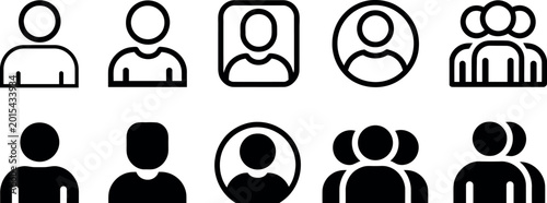 Set of black and white people icons on white background
