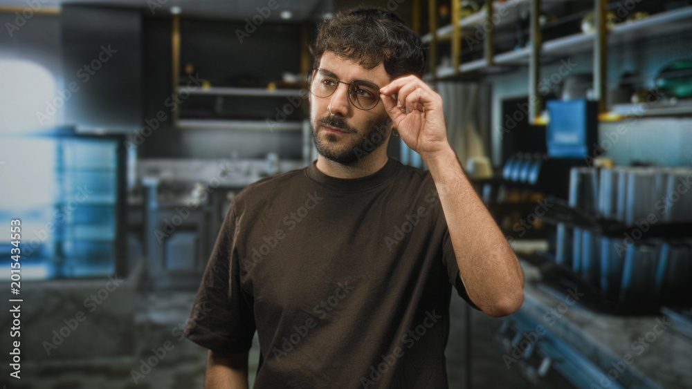 Obraz premium Young man with beard adjusts glasses with right hand and looks down in a commercial kitchen building; thoughtful reflection.