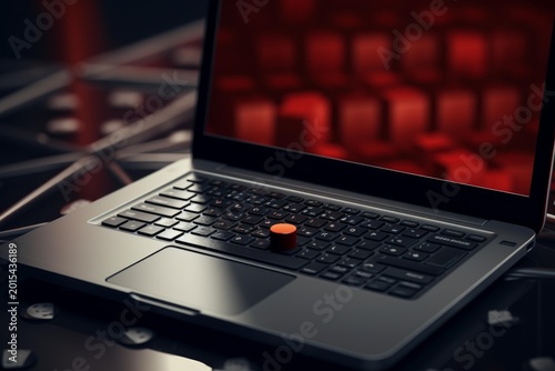 Laptop keyboard with a prominent red emergency stop button showing a digital red screen