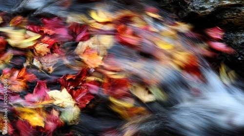 Vibrant autumn leaves flowing in stream with long exposure abstract image