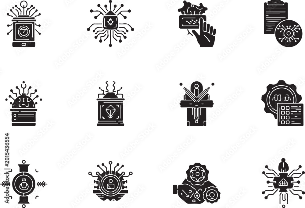 Obraz premium Artificial Intelligence and Smart Technology Black Icons Set.