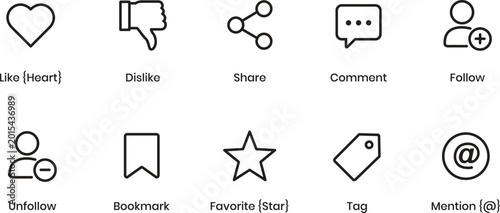Photos Social media engagement icons for likes, shares, comments, and follows
