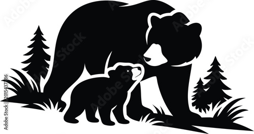 Quadro em tela Mother bear and cub silhouette family vector