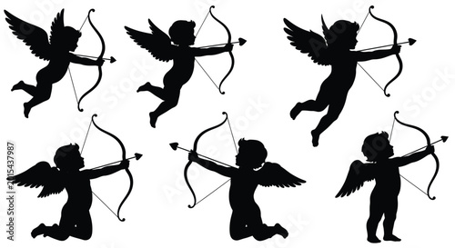 Quadro su tela Cupid silhouettes with bow and arrow black on white background