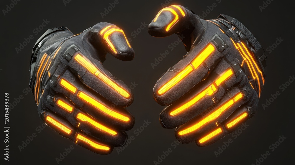 Fototapeta premium Futuristic illuminated gloves on dark background