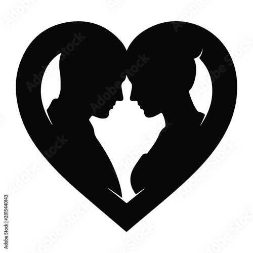 Black heart-shaped silhouette of couple kissing, profile view