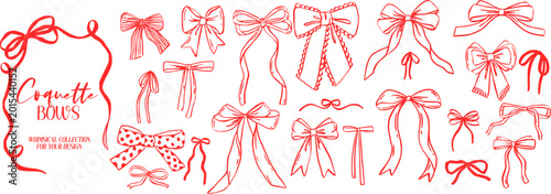Red ribbon and bow vector for a cute coquette tie. Each gift illustration is drawn by hand. Choose a whimsical or vintage doodle for your art
