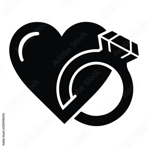 Black heart-shaped with diamond ring, white outline on white background