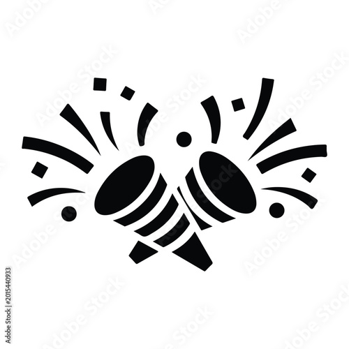 Black of two party horns with celebratory lines and shapes